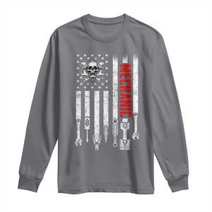 Mechanic American Flag Vintage Skull Auto Repair Handyman Long Sleeve Shirt