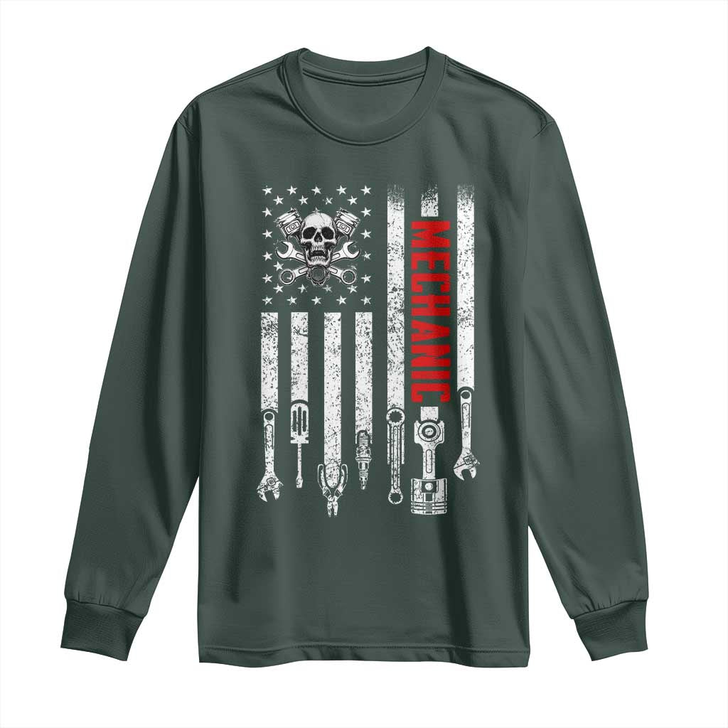 Mechanic American Flag Vintage Skull Auto Repair Handyman Long Sleeve Shirt