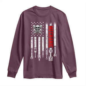 Mechanic American Flag Vintage Skull Auto Repair Handyman Long Sleeve Shirt