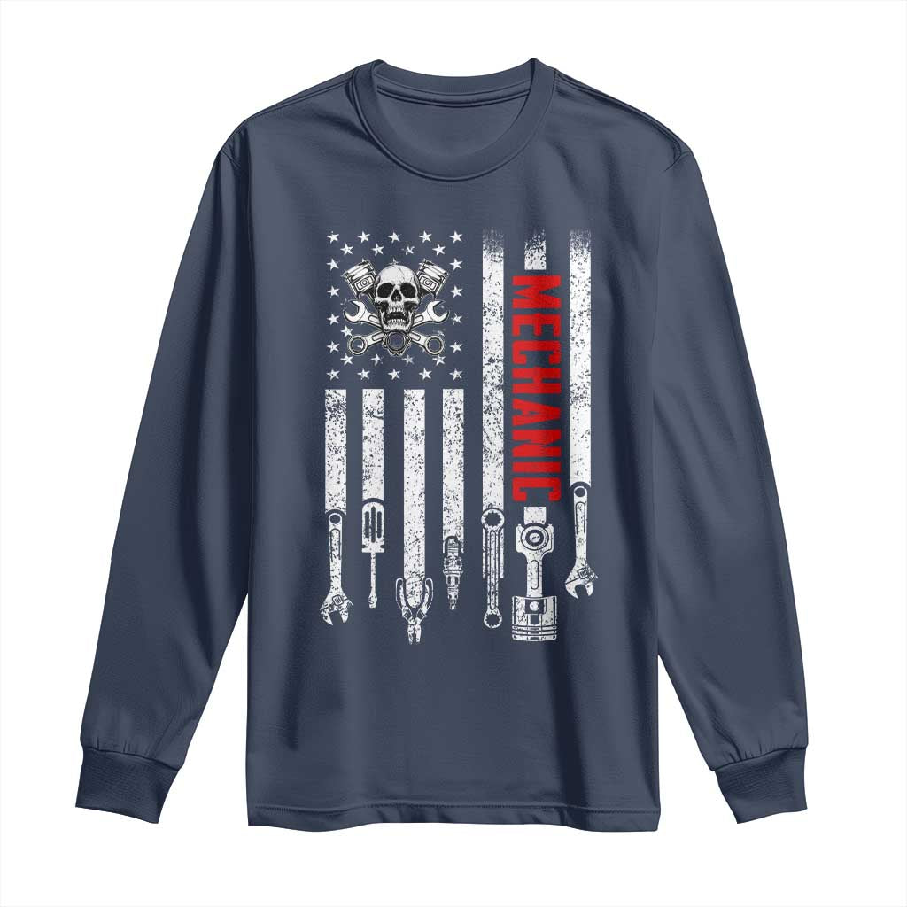 Mechanic American Flag Vintage Skull Auto Repair Handyman Long Sleeve Shirt