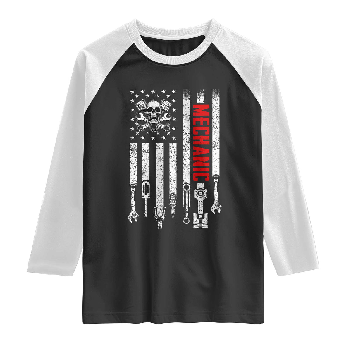 Mechanic American Flag Vintage Skull Auto Repair Handyman Raglan Shirt