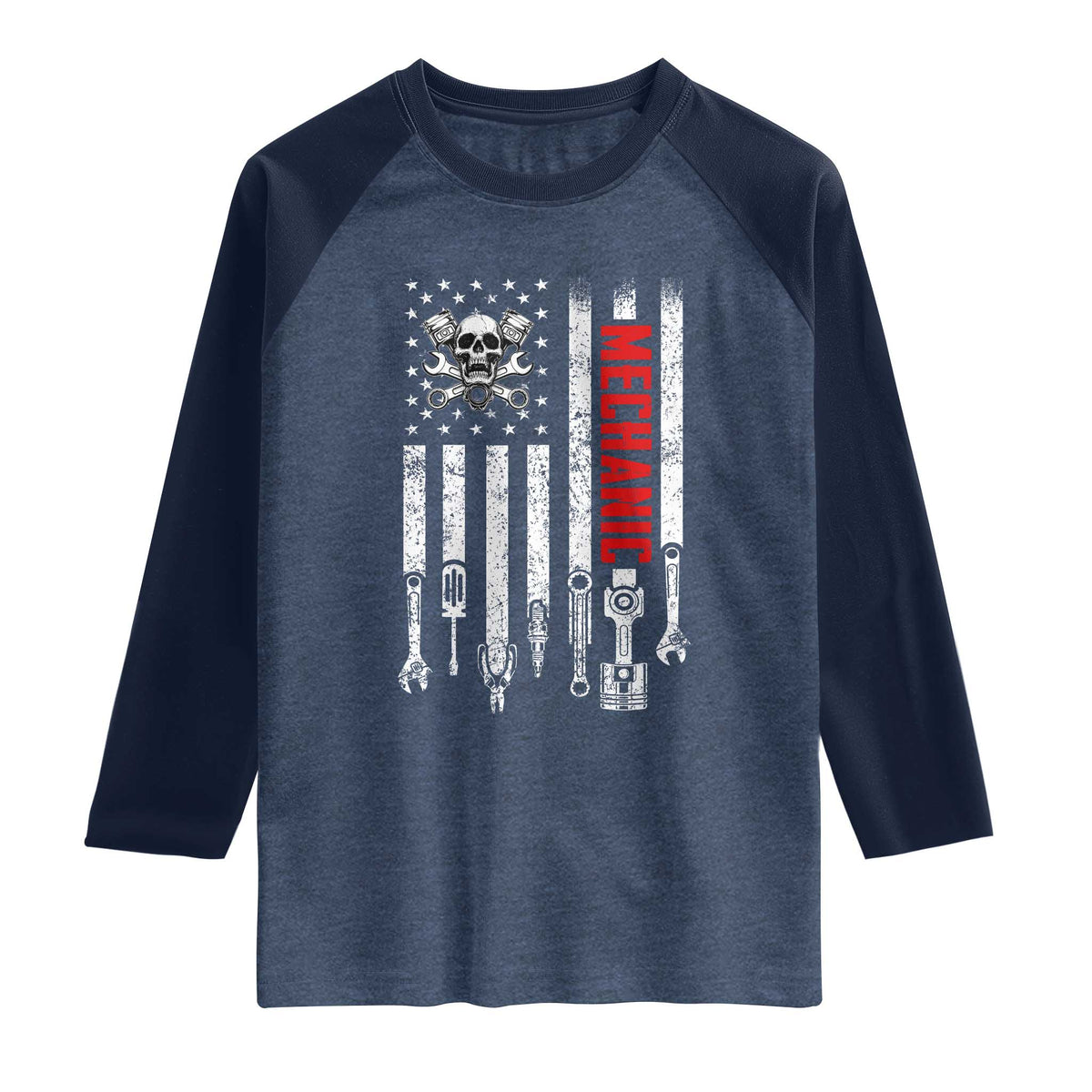 Mechanic American Flag Vintage Skull Auto Repair Handyman Raglan Shirt