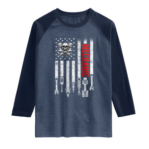 Mechanic American Flag Vintage Skull Auto Repair Handyman Raglan Shirt