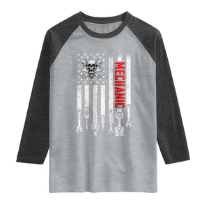 Mechanic American Flag Vintage Skull Auto Repair Handyman Raglan Shirt