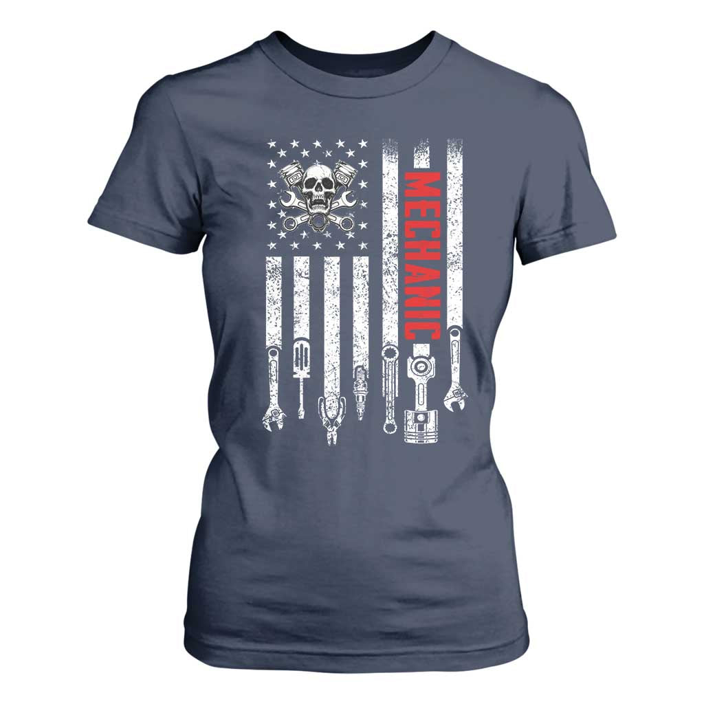 Mechanic American Flag Vintage Skull Auto Repair Handyman T Shirt For Women