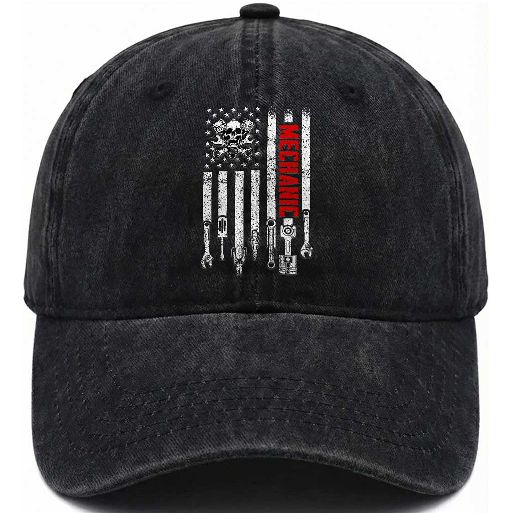 Mechanic American Flag Vintage Skull Auto Repair Handyman Washed Cotton Baseball Cap TS11 Print Your Wear