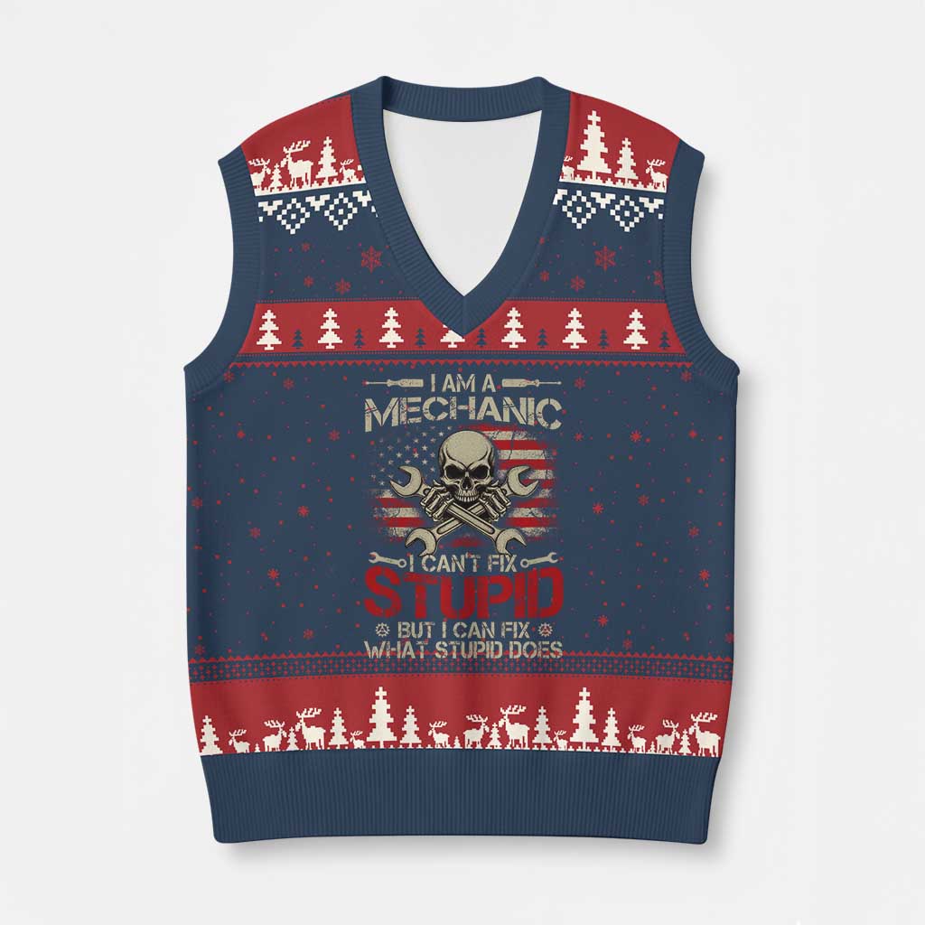 I Am A Mechanic I Can't Fix Stupid But I Can Fix What Stupid Does V-Neck Knit Sweater Vest Funny Car Guy TS11 Navy Red Print Your Wear