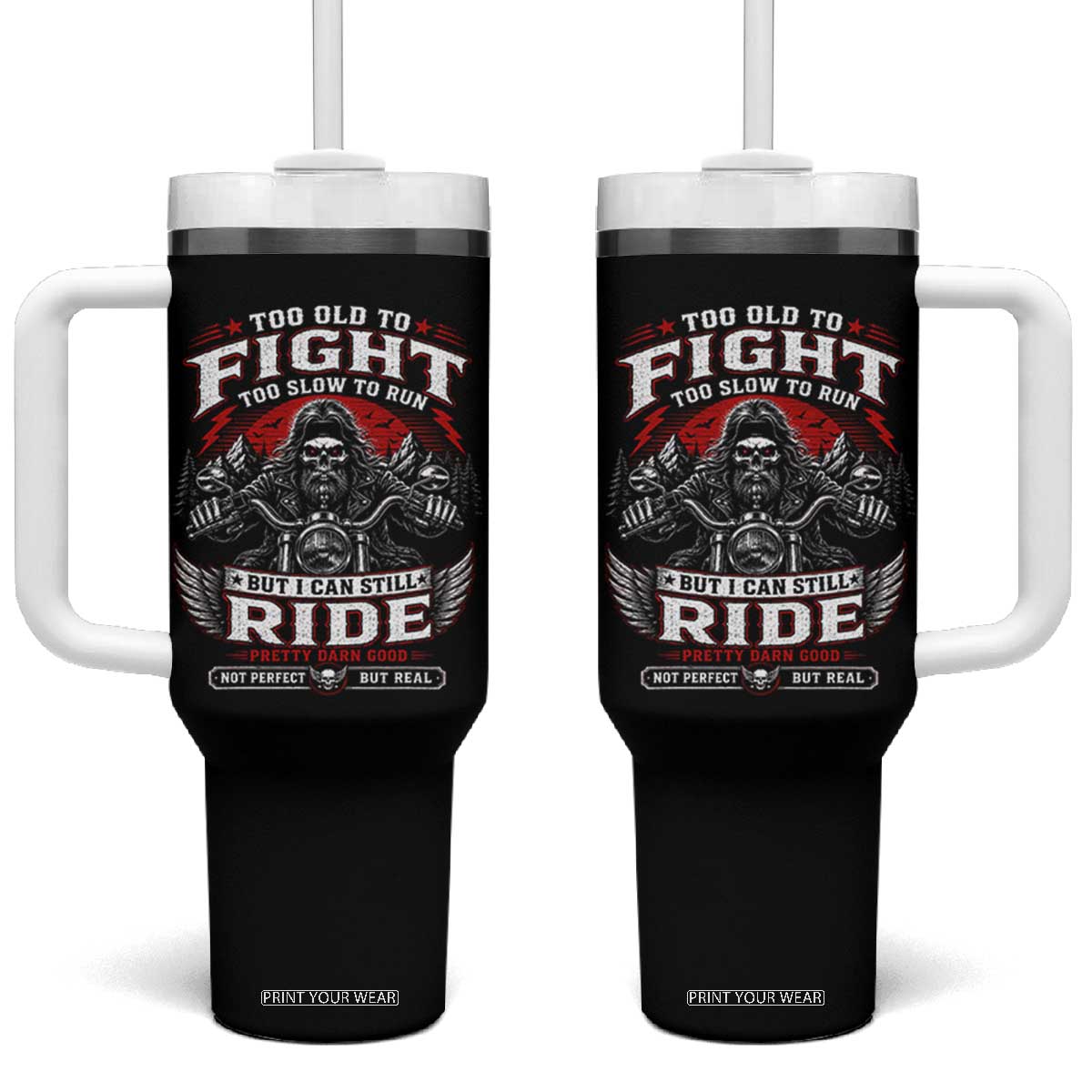 Funny Motorcycle Grandpa Tumbler With Handle Too Old To Fight Too Slow To Run But I Can Still Ride Pretty Darn Good