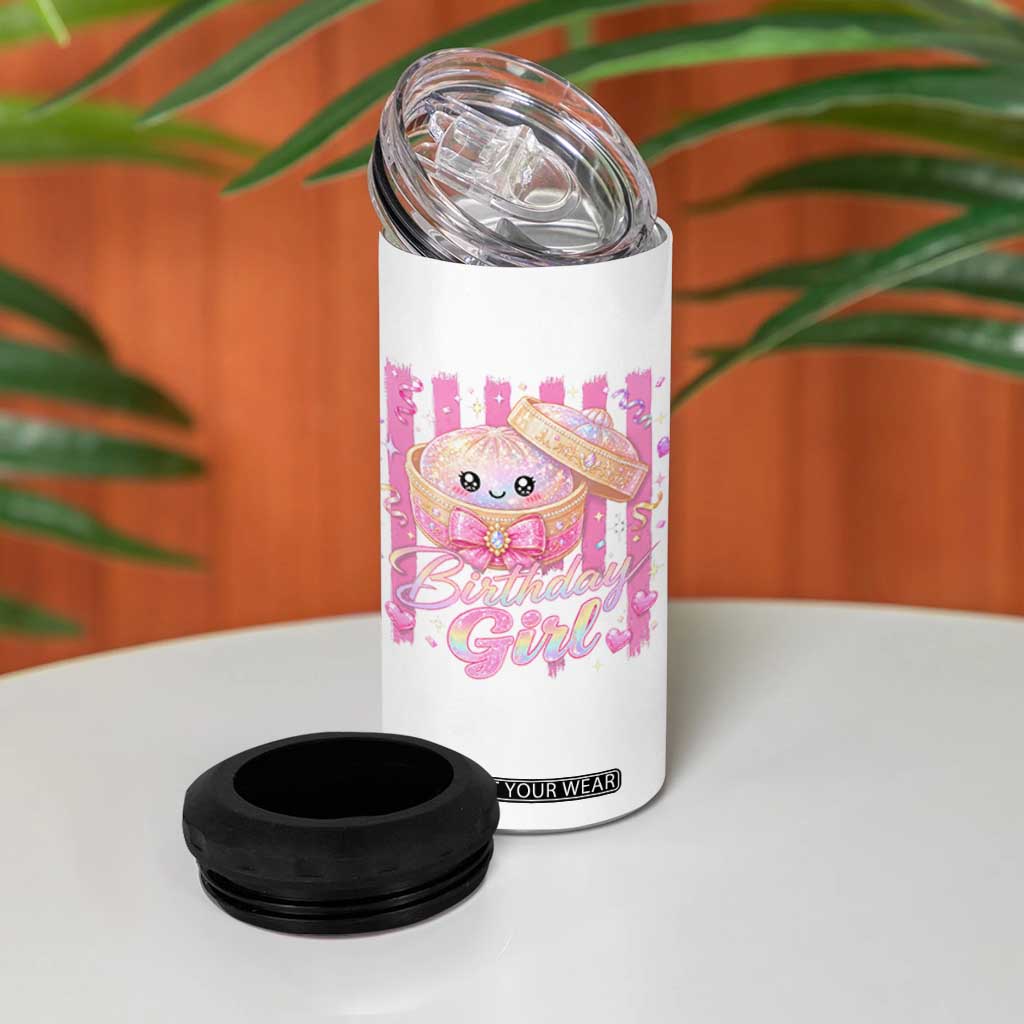 Birthday Girl Cute Glitter Dumpling 4 in 1 Can Cooler Tumbler Kawaii Food Squishy Summer Stripes