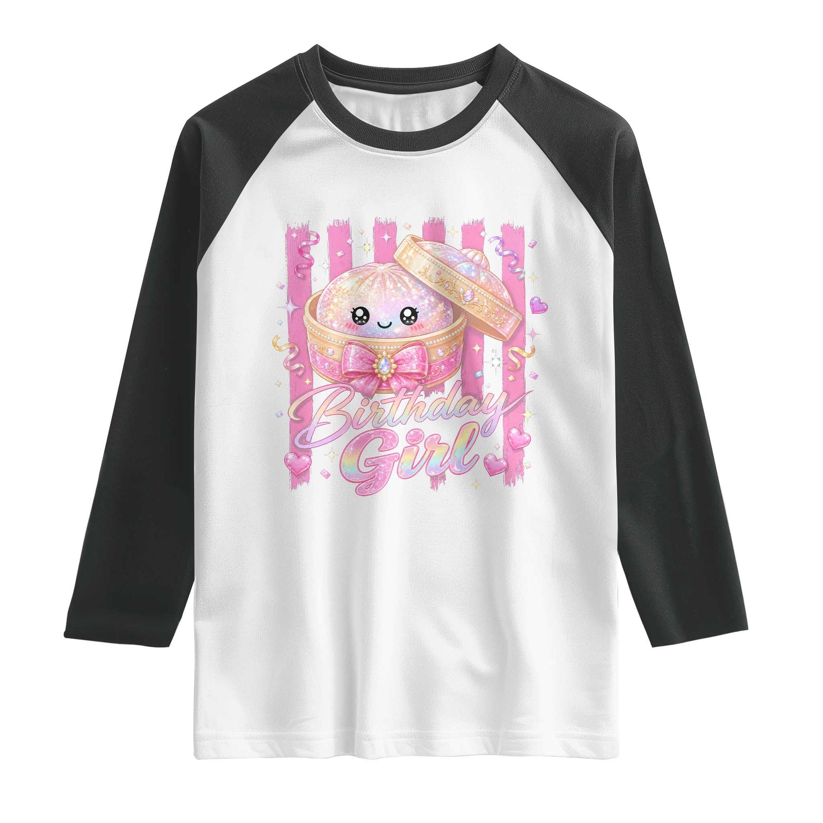 Birthday Girl Cute Glitter Dumpling Raglan Shirt Kawaii Food Squishy Summer Stripes TS11 White Black Print Your Wear