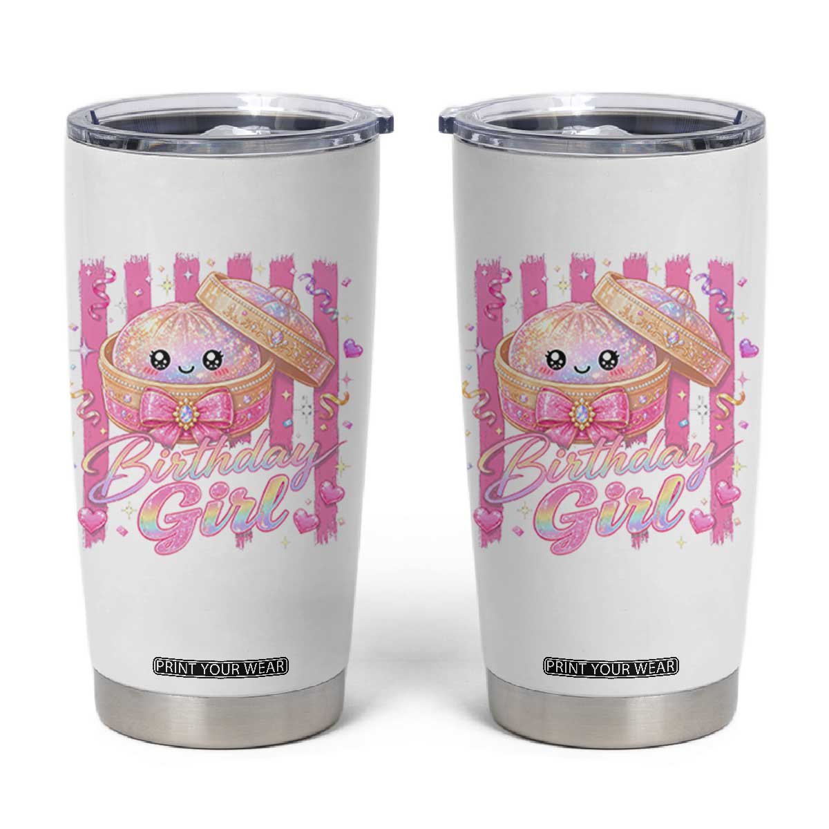 Birthday Girl Cute Glitter Dumpling Tumbler Cup Kawaii Food Squishy Summer Stripes