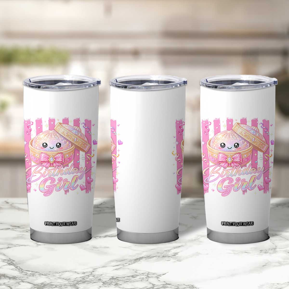 Birthday Girl Cute Glitter Dumpling Tumbler Cup Kawaii Food Squishy Summer Stripes