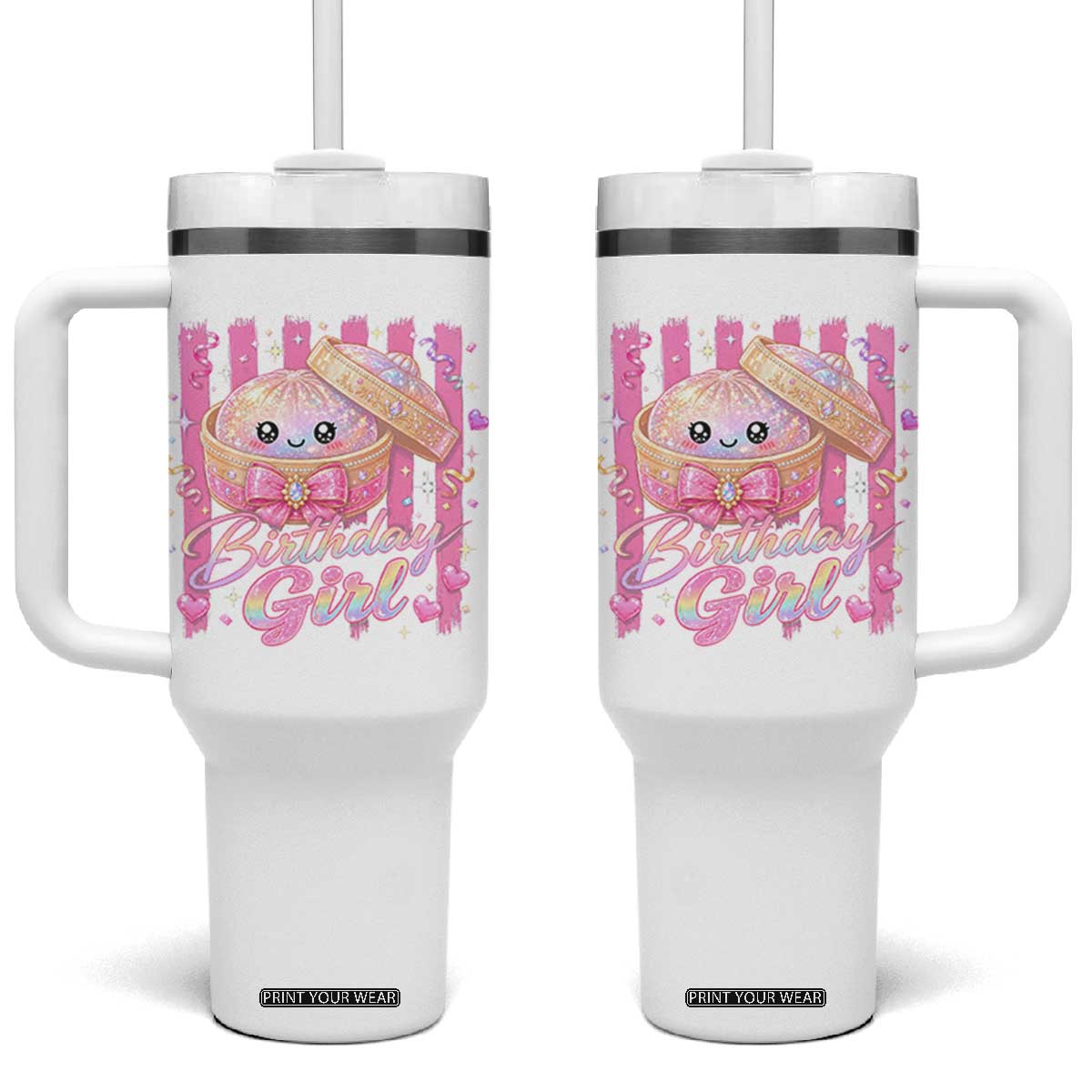 Birthday Girl Cute Glitter Dumpling Tumbler With Handle Kawaii Food Squishy Summer Stripes