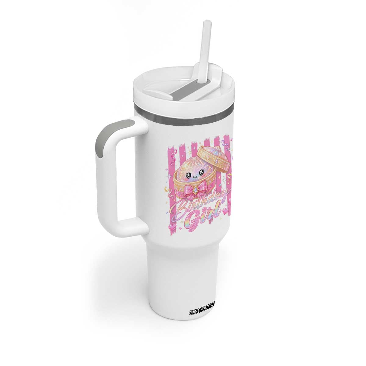 Birthday Girl Cute Glitter Dumpling Tumbler With Handle Kawaii Food Squishy Summer Stripes