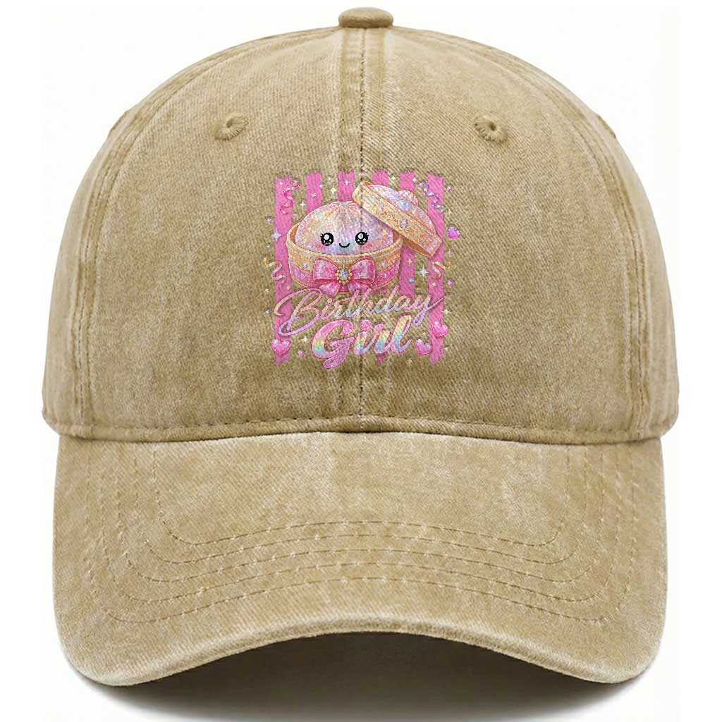 Birthday Girl Cute Glitter Dumpling Washed Cotton Baseball Cap Kawaii Food Squishy Summer Stripes TS11 Print Your Wear