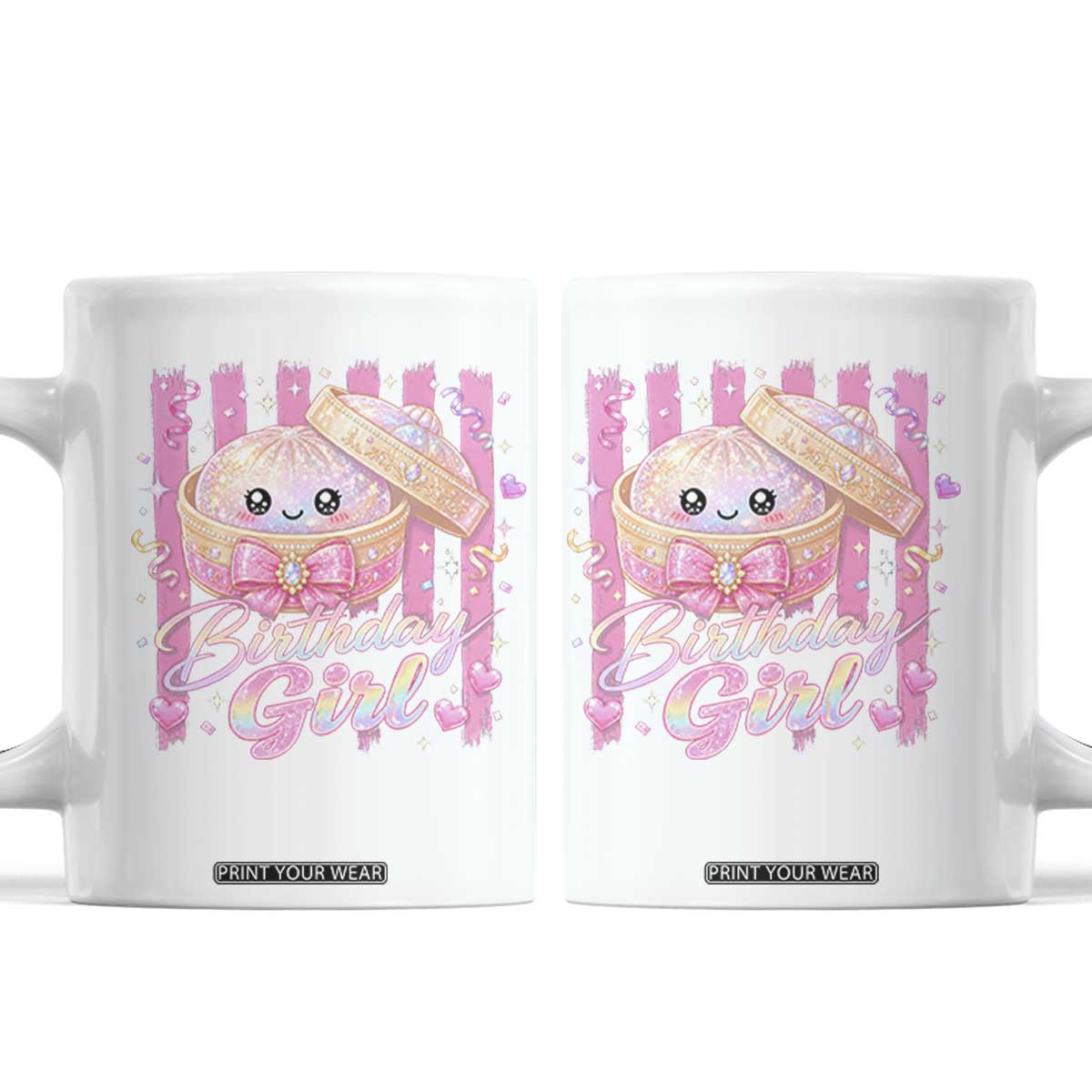 Birthday Girl Cute Glitter Dumpling Coffee Mug Kawaii Food Squishy Summer Stripes