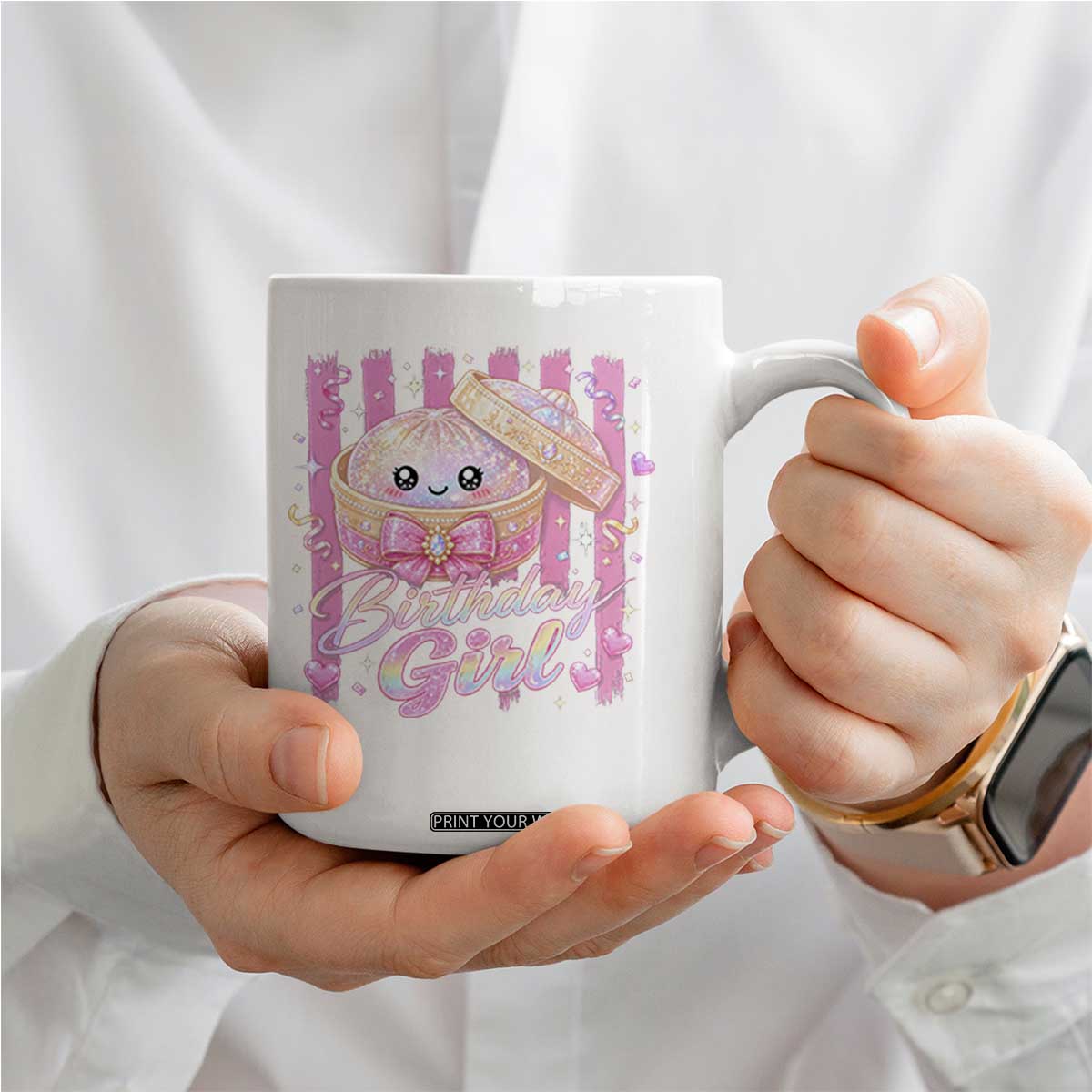 Birthday Girl Cute Glitter Dumpling Coffee Mug Kawaii Food Squishy Summer Stripes