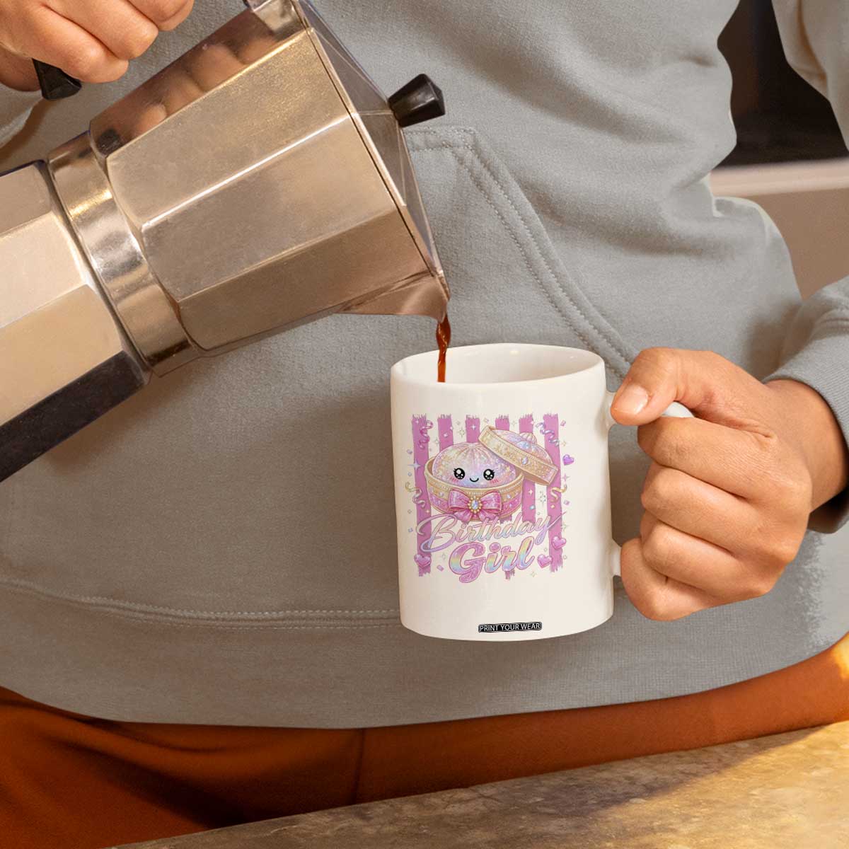 Birthday Girl Cute Glitter Dumpling Coffee Mug Kawaii Food Squishy Summer Stripes