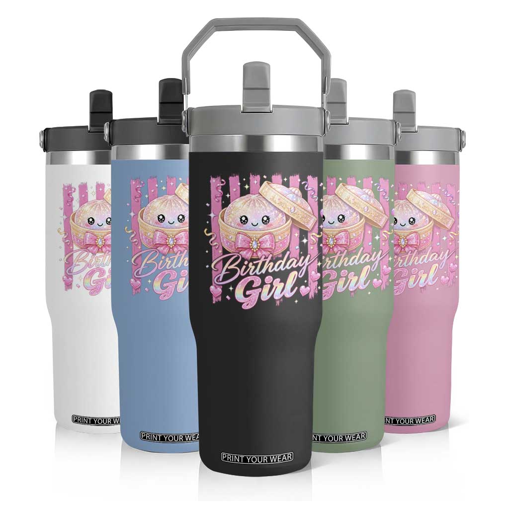Birthday Girl Cute Glitter Dumpling Flip Straw Tumbler Kawaii Food Squishy Summer Stripes