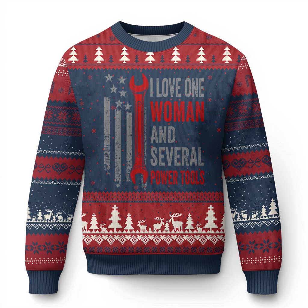 I Love One Woman And Several Power Tools Ugly Christmas Sweater Funny Mechanic Handyman Carpenter TS11 Navy Red Print Your Wear