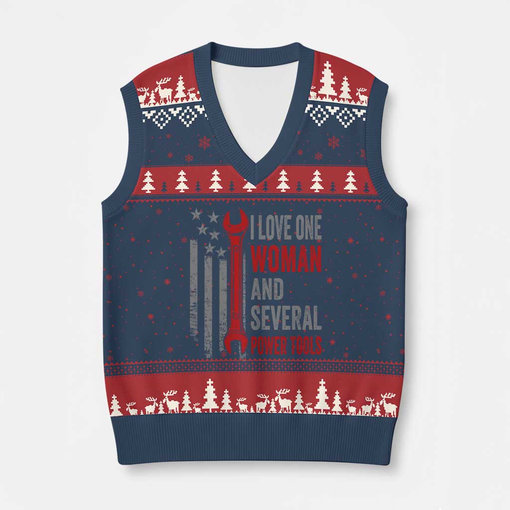 I Love One Woman And Several Power Tools V-Neck Knit Sweater Vest Funny Mechanic Handyman Carpenter TS11 Navy Red Print Your Wear