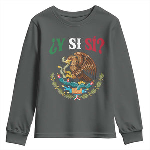 Mexican Y Si Si Youth Sweatshirt Escudo Mexico Coat of Arms Funny Hispanic Saying TS11 Dark Heather Print Your Wear