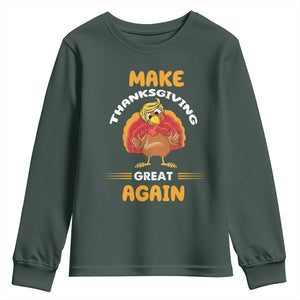 Funny Thanksgiving Trump Youth Sweatshirt Make Thanksgiving Great Again Blond Hair Turkey TS11 Dark Forest Green Print Your Wear