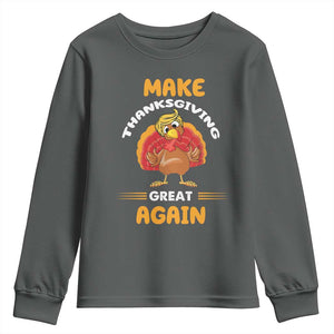 Funny Thanksgiving Trump Youth Sweatshirt Make Thanksgiving Great Again Blond Hair Turkey TS11 Dark Heather Print Your Wear