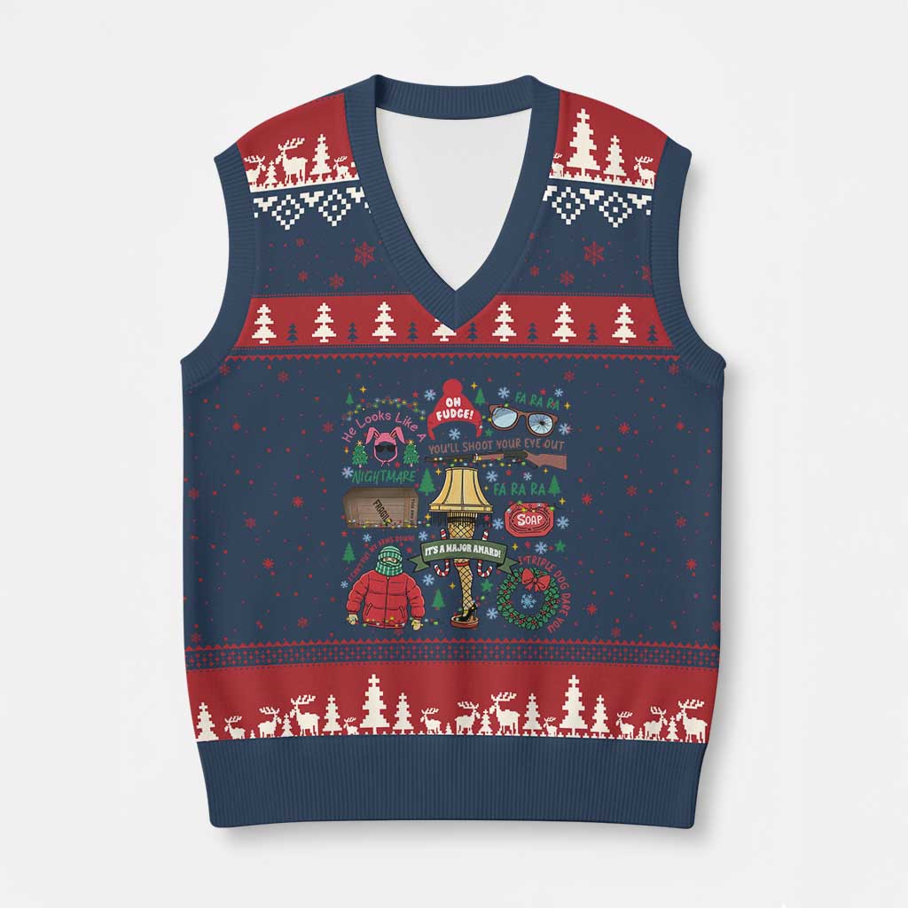 Funny Xmas Movie V-Neck Knit Sweater Vest Oh Fudge Bunny Pajama Italian Leg Lamp TS11 Navy Red Print Your Wear