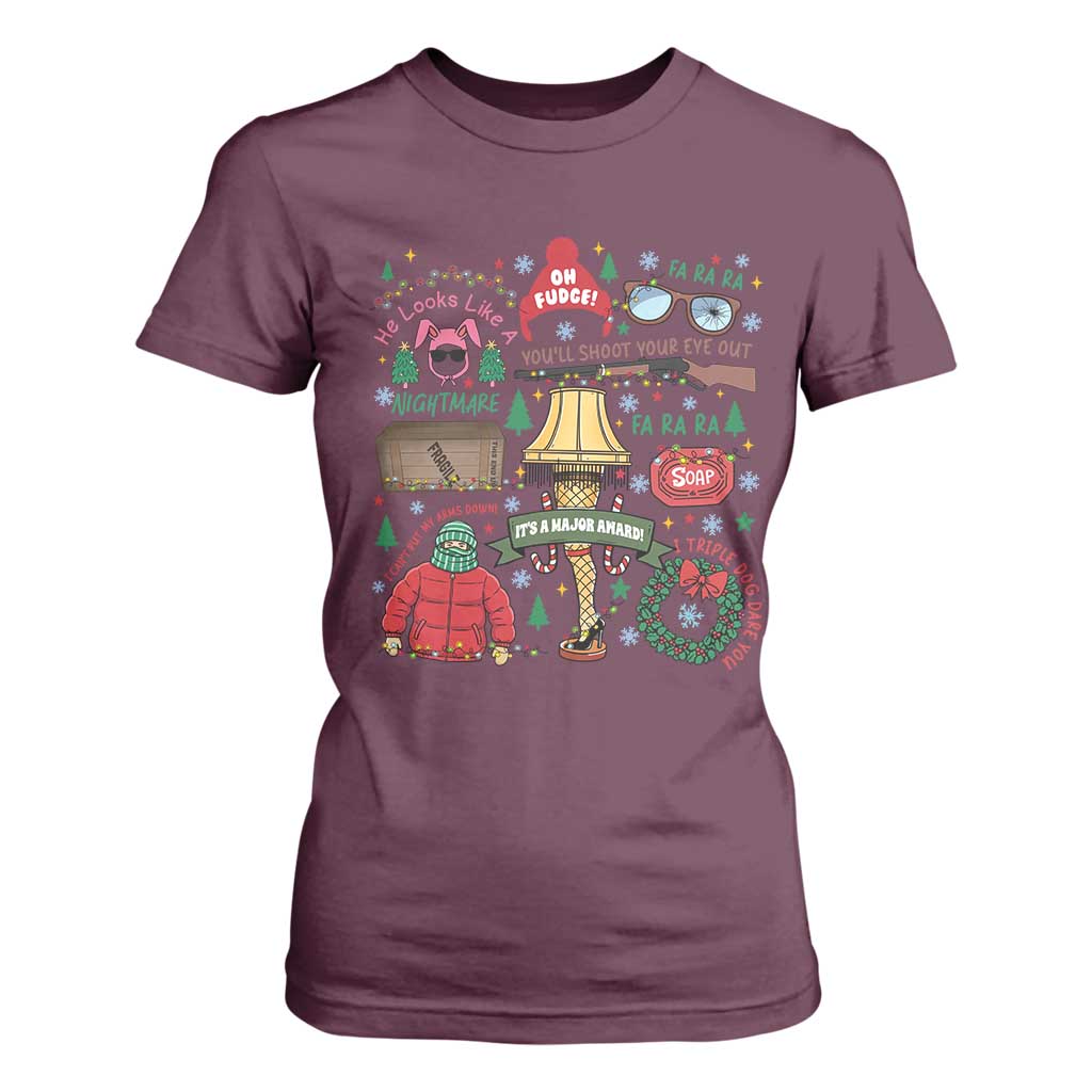 Funny Christmas Movie T Shirt For Women Oh Fudge Bunny Pajama Italian Leg Lamp TS11 Maroon Print Your Wear