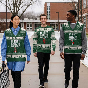 Funny Xmas It Isn't Going To Lick Itself V-Neck Knit Sweater Vest Xmas Adult Humor Couple Matching TS11 Forest Green Beige Print Your Wear