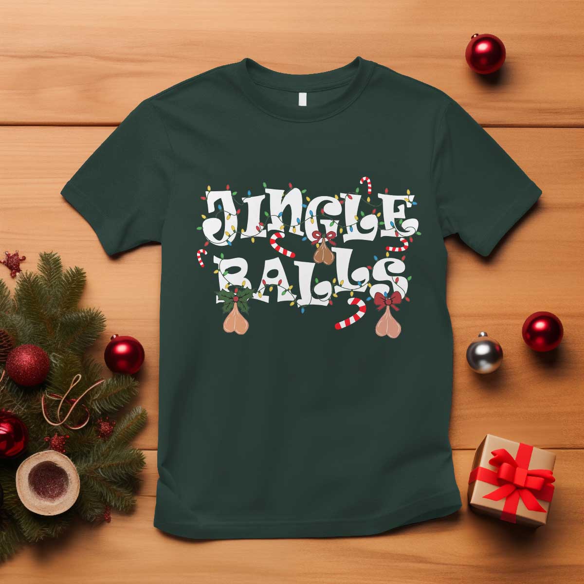 Funny Naughty Christmas Jingle Balls T Shirt Santa Xmas Jingle Bells Adult Joke TS11 Dark Forest Green Print Your Wear