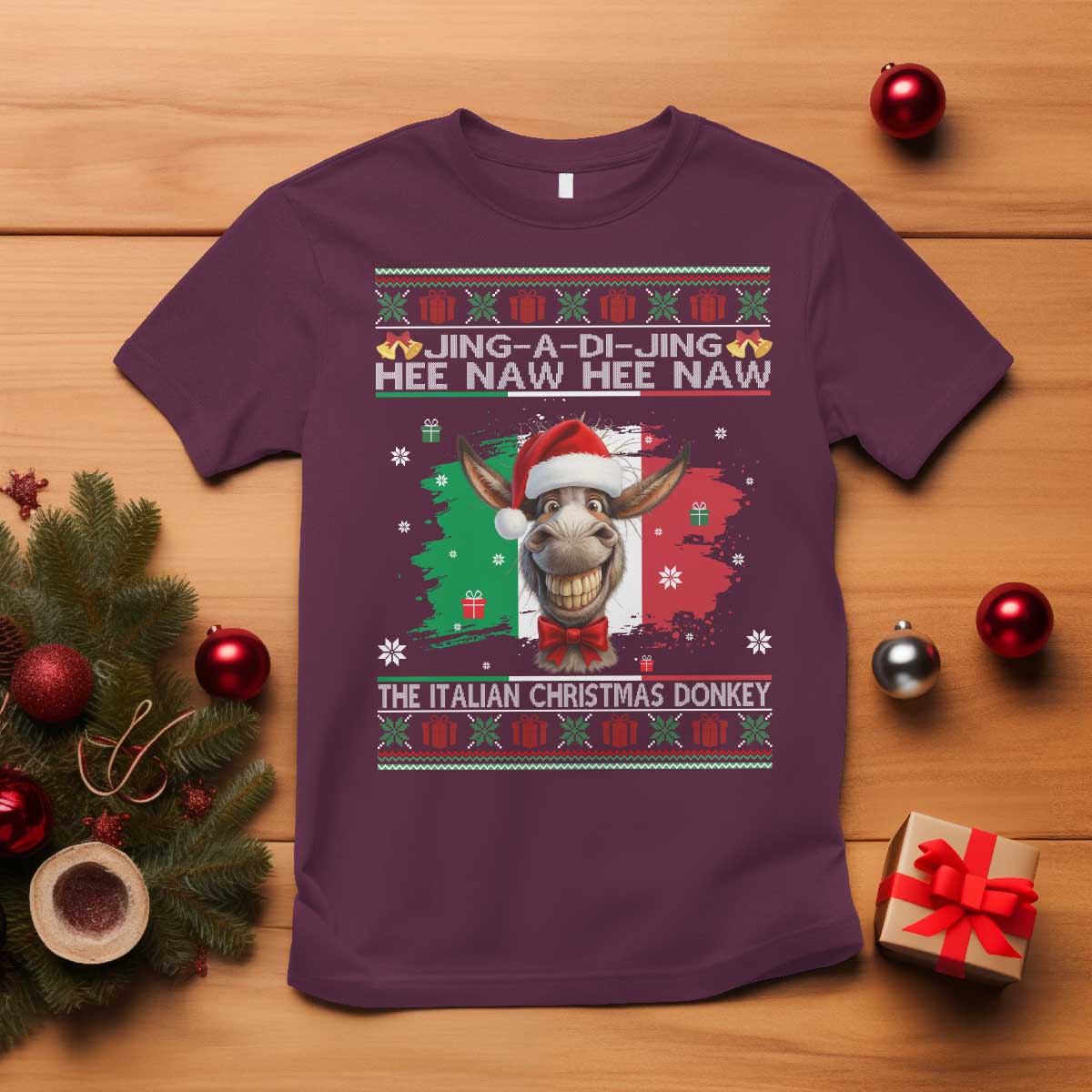 Funny Italian Christmas Donkey T Shirt Funny Domick The Donkey Holiday Italy Flag TS11 Maroon Print Your Wear