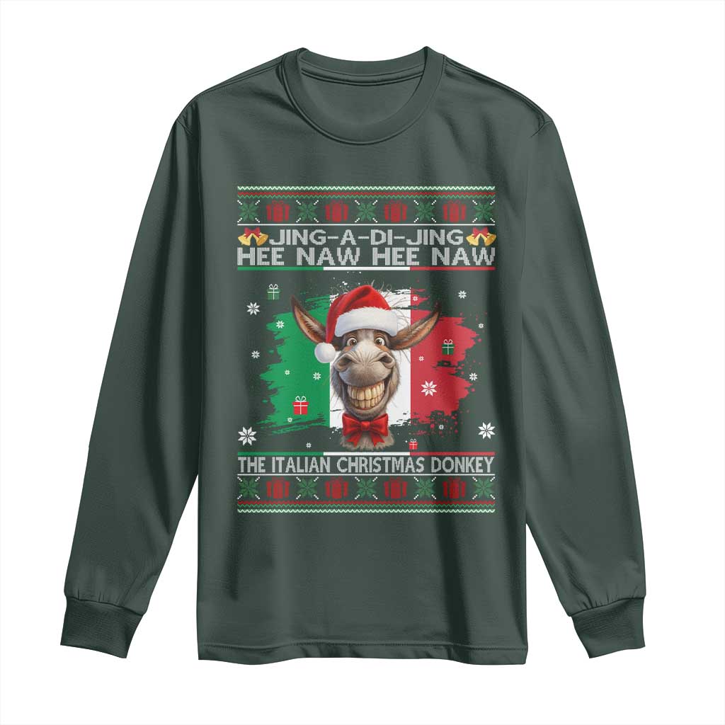 Funny Italian Christmas Donkey Long Sleeve Shirt Funny Domick The Donkey Holiday Italy Flag TS11 Dark Forest Green Print Your Wear