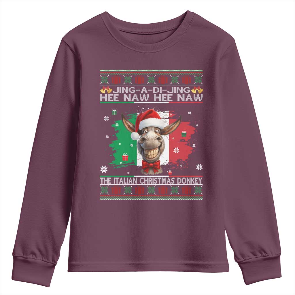 Funny Italian Christmas Donkey Youth Sweatshirt Funny Domick The Donkey Holiday Italy Flag TS11 Maroon Print Your Wear