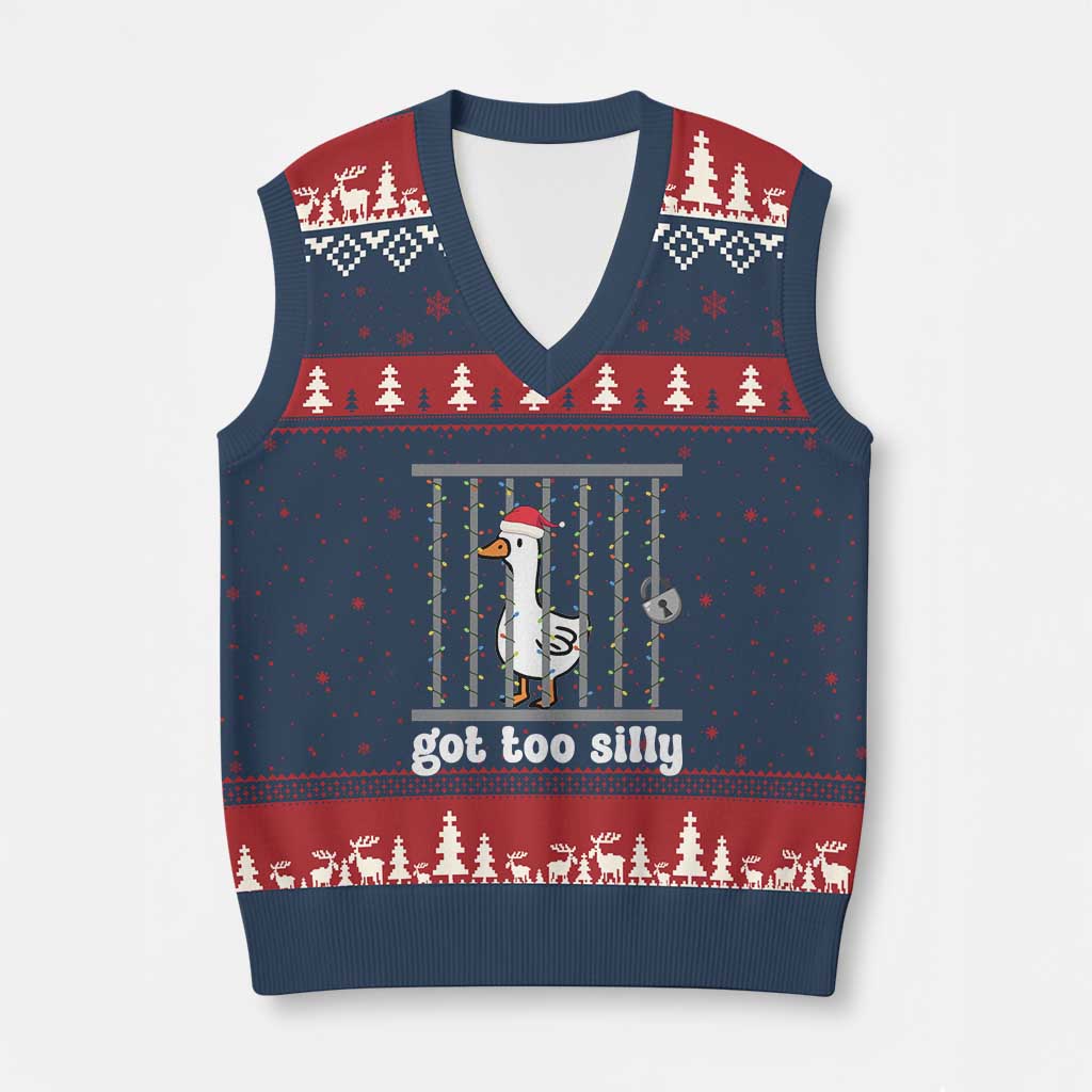 Funny Got Too Silly Xmas V-Neck Knit Sweater Vest Santa Goose Pun Humor Animal Lovers TS11 Navy Red Print Your Wear