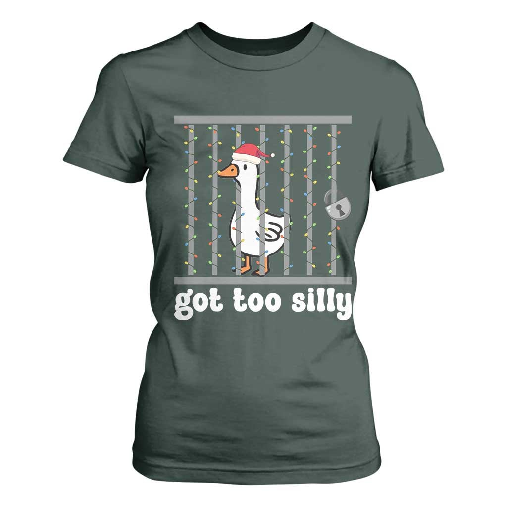 Funny Got Too Silly Christmas T Shirt For Women Santa Goose Pun Humor Animal Lovers TS11 Dark Forest Green Print Your Wear