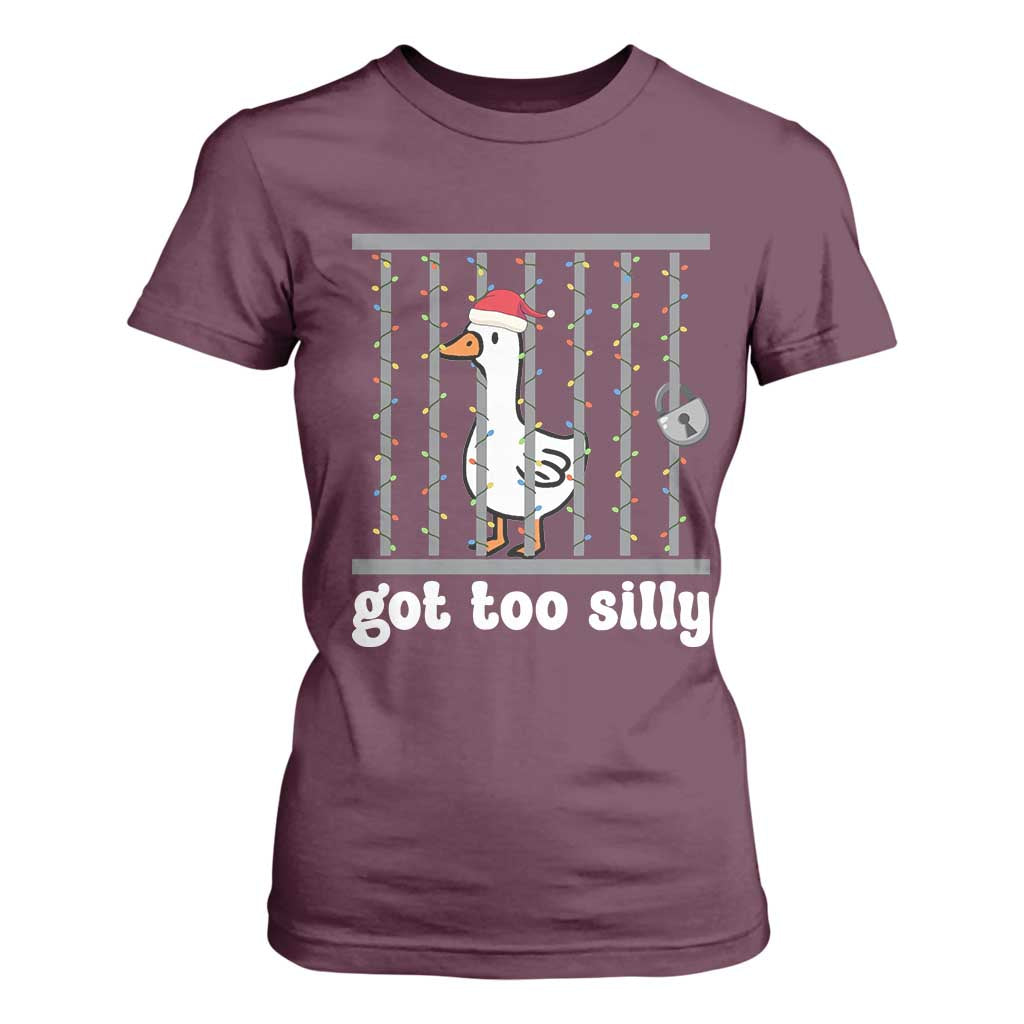 Funny Got Too Silly Christmas T Shirt For Women Santa Goose Pun Humor Animal Lovers TS11 Maroon Print Your Wear