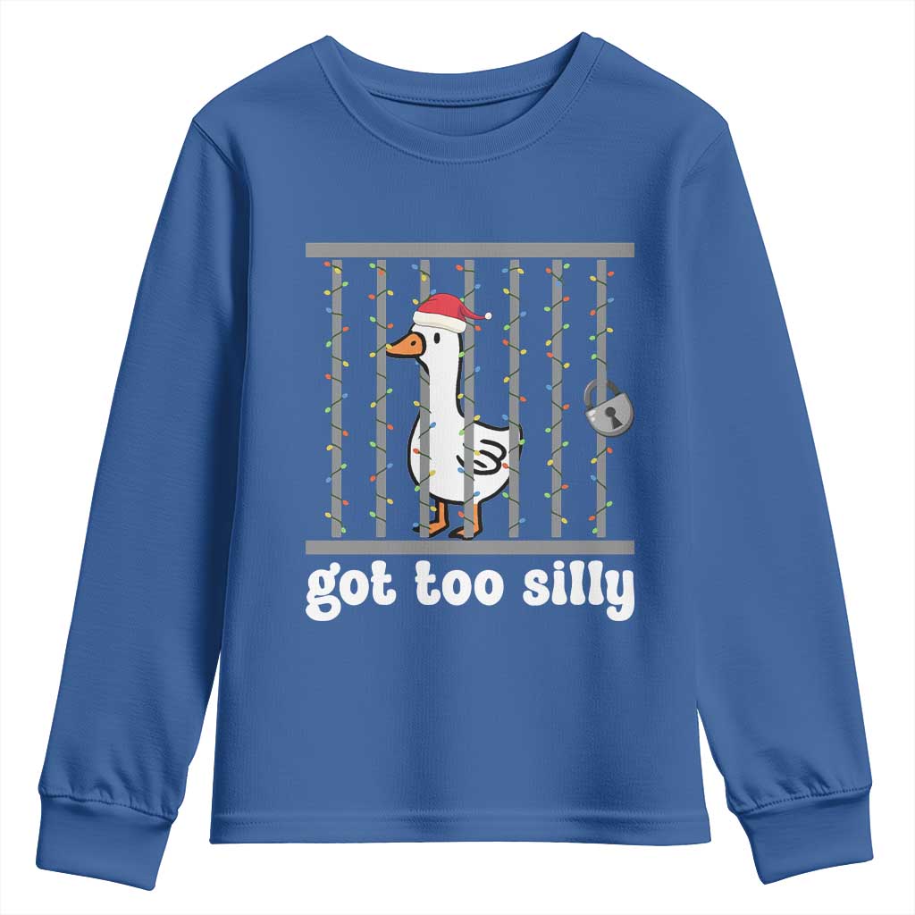 Funny Got Too Silly Christmas Youth Sweatshirt Santa Goose Pun Humor Animal Lovers TS11 Royal Blue Print Your Wear
