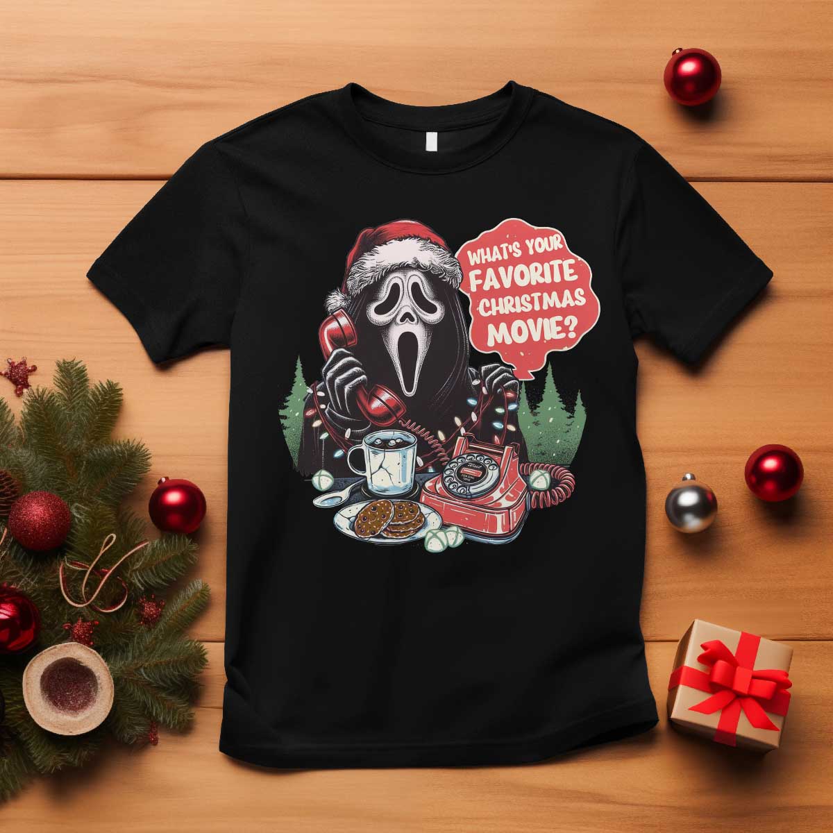 Funny Ghost Christmas Face T Shirt Whats Your Favorite Christmas Movie Spooky Xmas TS11 Black Print Your Wear