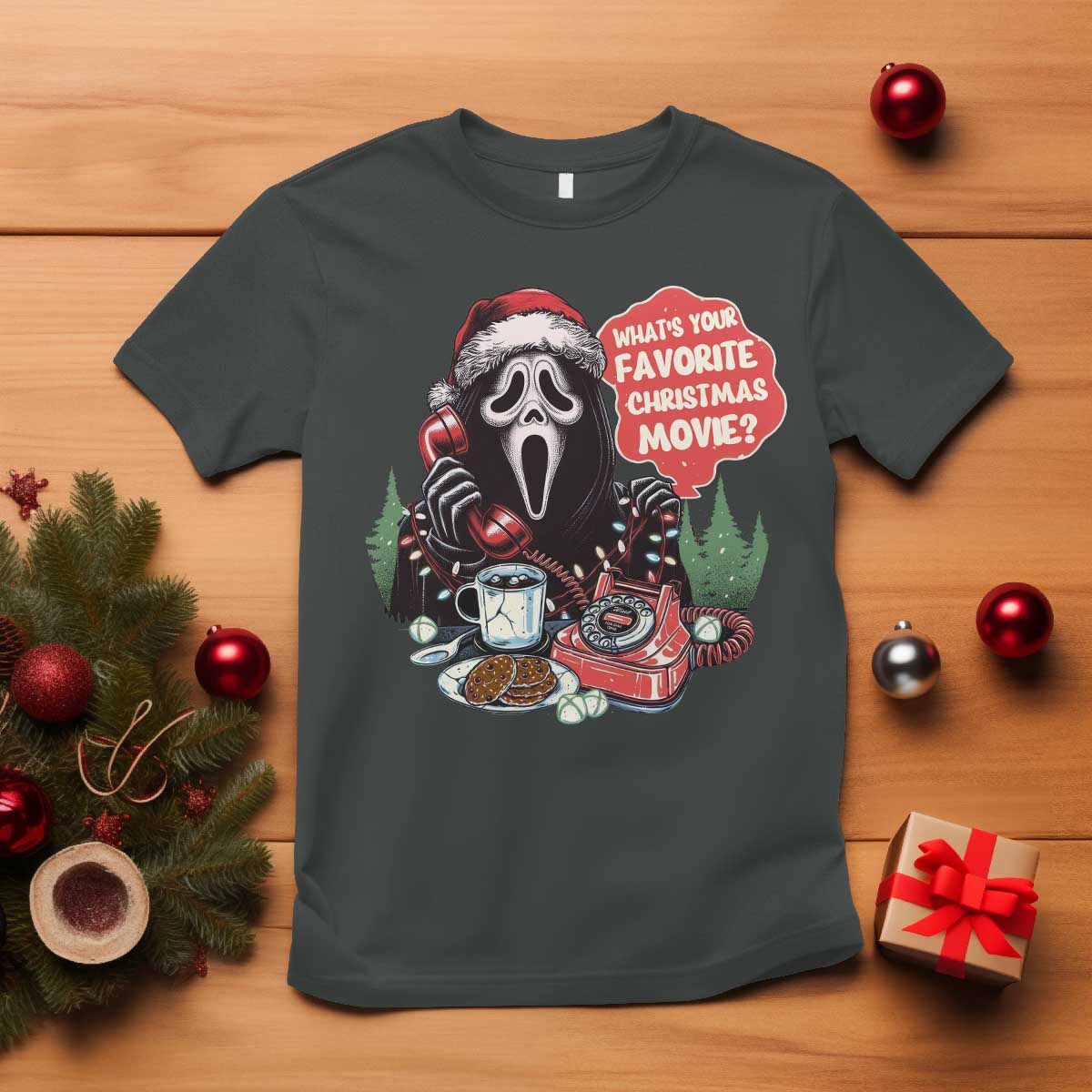 Funny Ghost Christmas Face T Shirt Whats Your Favorite Christmas Movie Spooky Xmas TS11 Dark Heather Print Your Wear