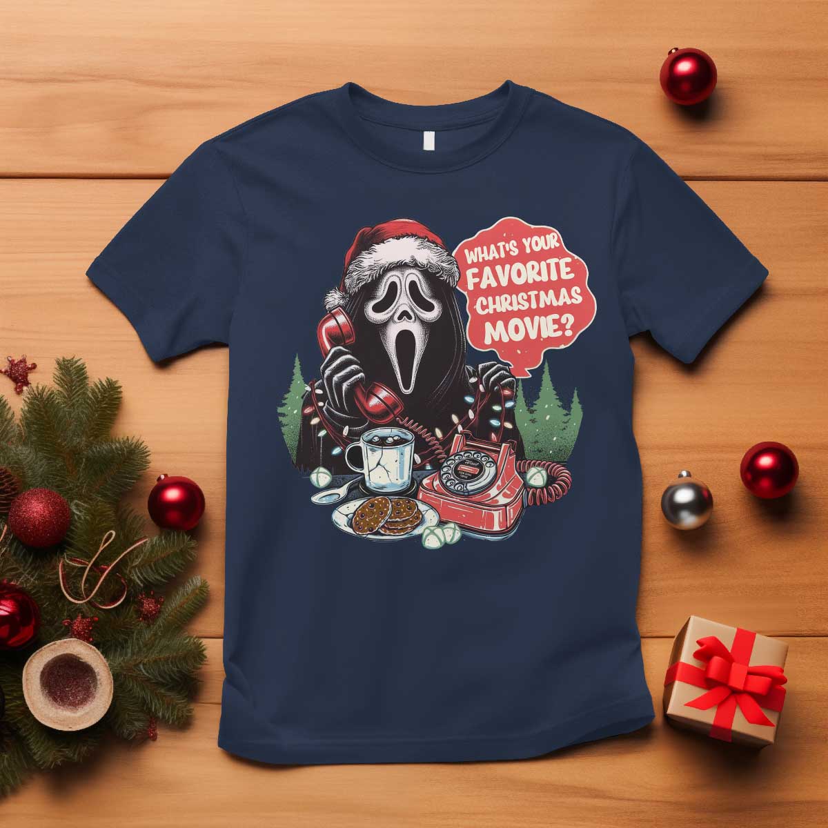 Funny Ghost Christmas Face T Shirt Whats Your Favorite Christmas Movie Spooky Xmas TS11 Navy Print Your Wear