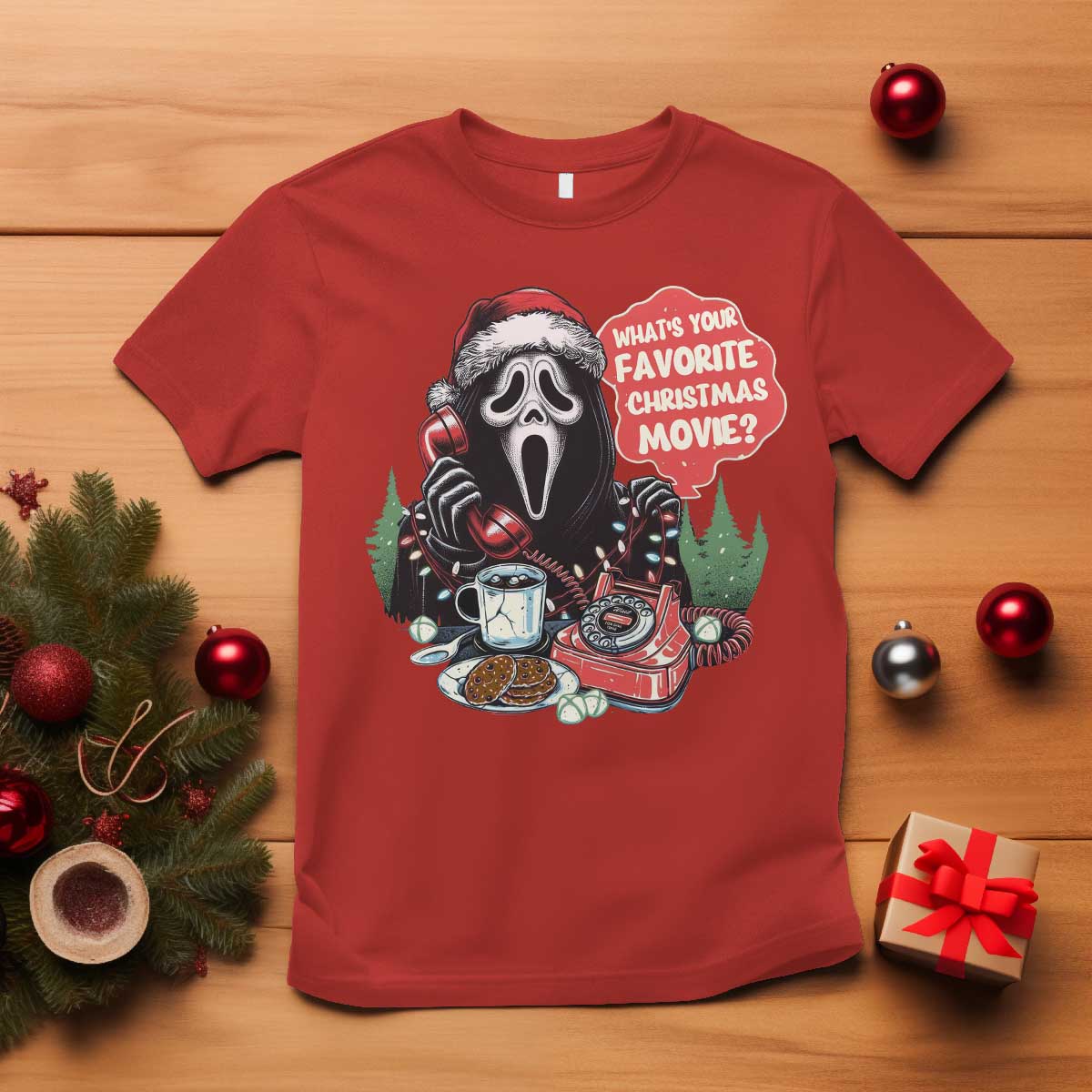 Funny Ghost Christmas Face T Shirt Whats Your Favorite Christmas Movie Spooky Xmas TS11 Red Print Your Wear