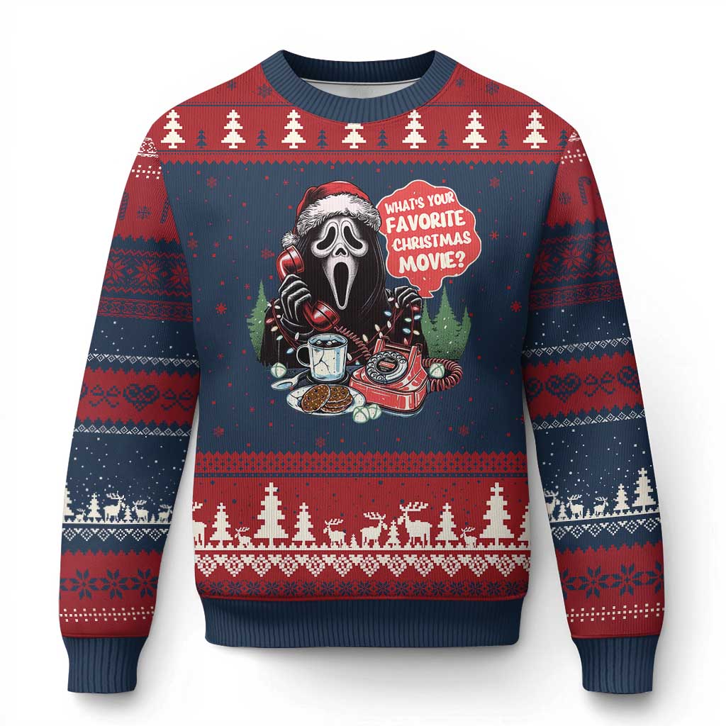 Funny Ghost Xmas Face Ugly Christmas Sweater Whats Your Favorite Xmas Movie Spooky Xmas TS11 Navy Red Print Your Wear