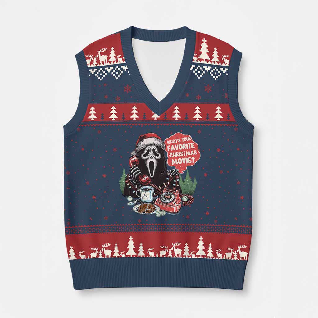 Funny Ghost Xmas Face V-Neck Knit Sweater Vest Whats Your Favorite Xmas Movie Spooky Xmas TS11 Navy Red Print Your Wear