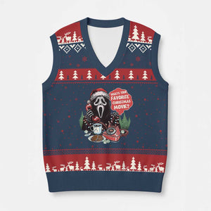 Funny Ghost Xmas Face V-Neck Knit Sweater Vest Whats Your Favorite Xmas Movie Spooky Xmas TS11 Navy Red Print Your Wear