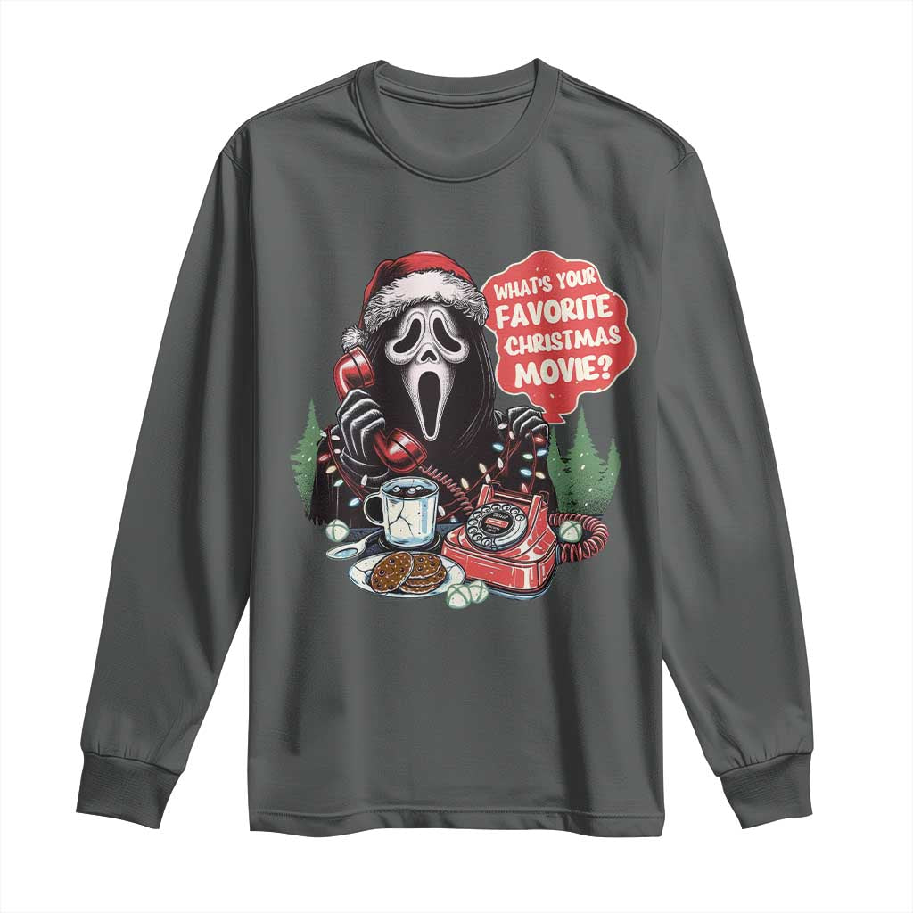 Funny Ghost Christmas Face Long Sleeve Shirt Whats Your Favorite Christmas Movie Spooky Xmas TS11 Dark Heather Print Your Wear