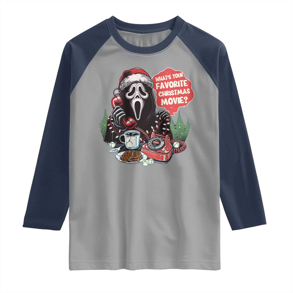Funny Ghost Christmas Face Raglan Shirt Whats Your Favorite Christmas Movie Spooky Xmas TS11 Sport Gray Navy Print Your Wear
