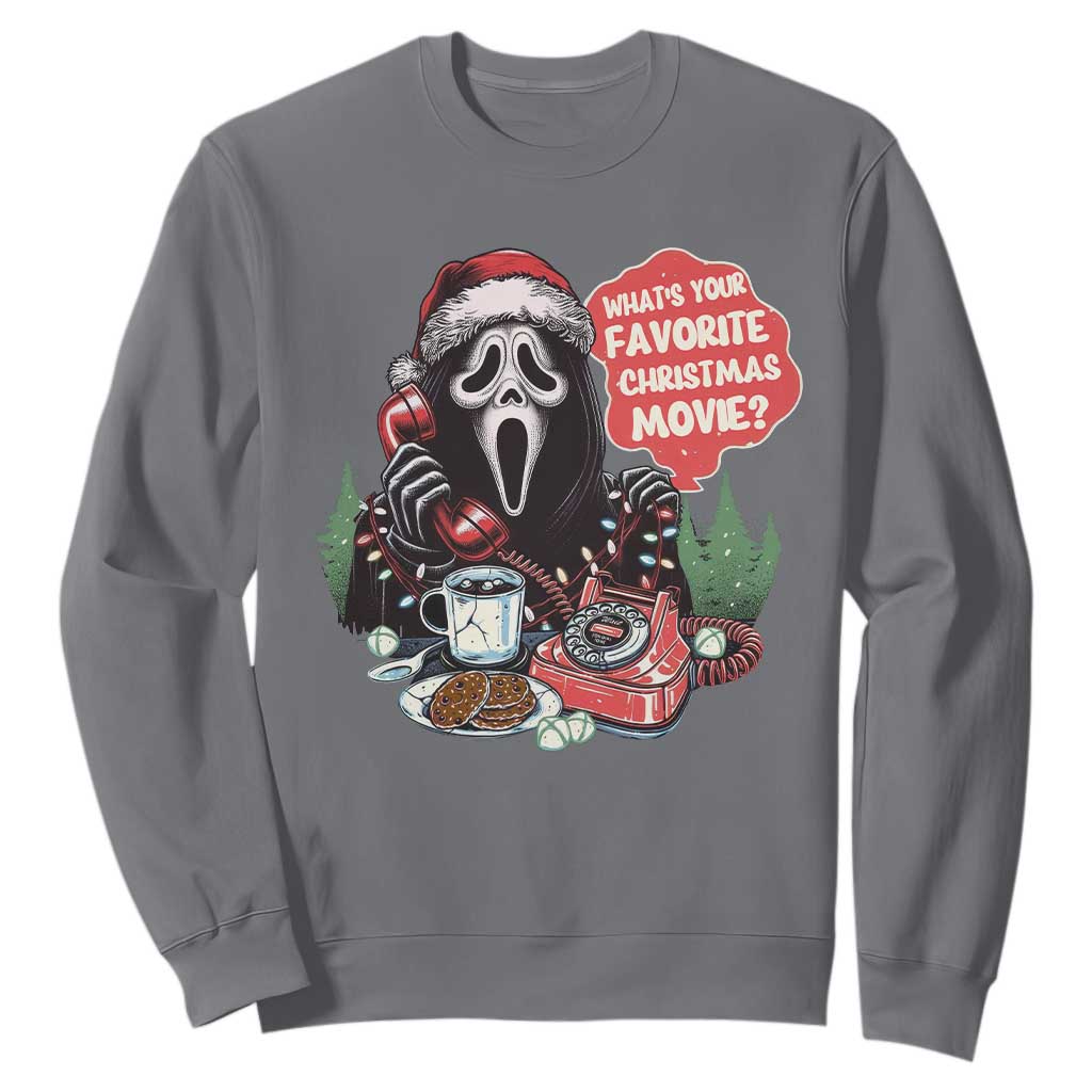 Funny Ghost Christmas Face Sweatshirt Whats Your Favorite Christmas Movie Spooky Xmas TS11 Charcoal Print Your Wear