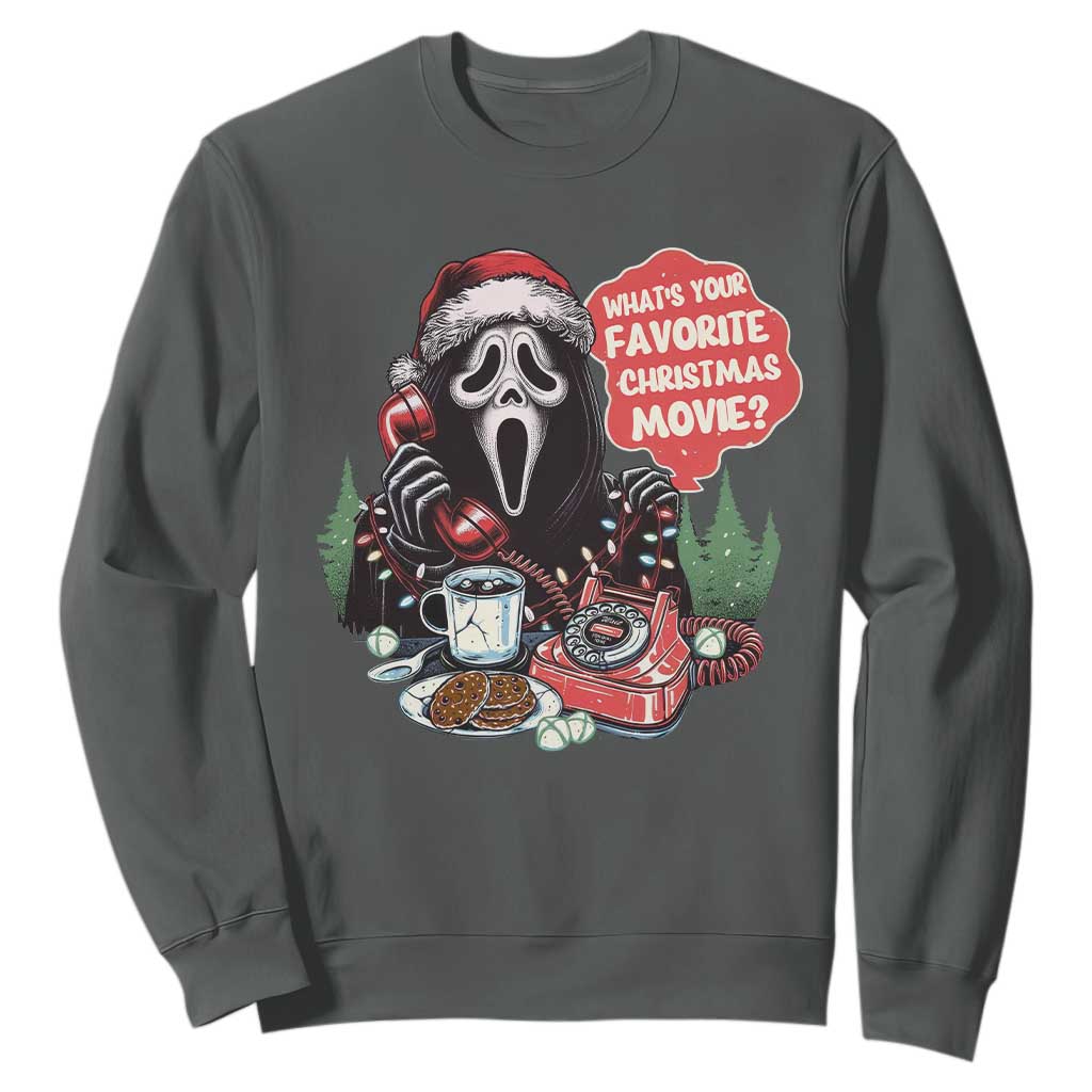 Funny Ghost Christmas Face Sweatshirt Whats Your Favorite Christmas Movie Spooky Xmas TS11 Dark Heather Print Your Wear